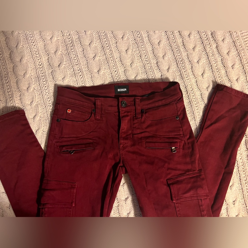 EUC HUDSON Jeans Colby Moto Skinny Ankle Cargo, Burgundy/Maroon, size 24x29